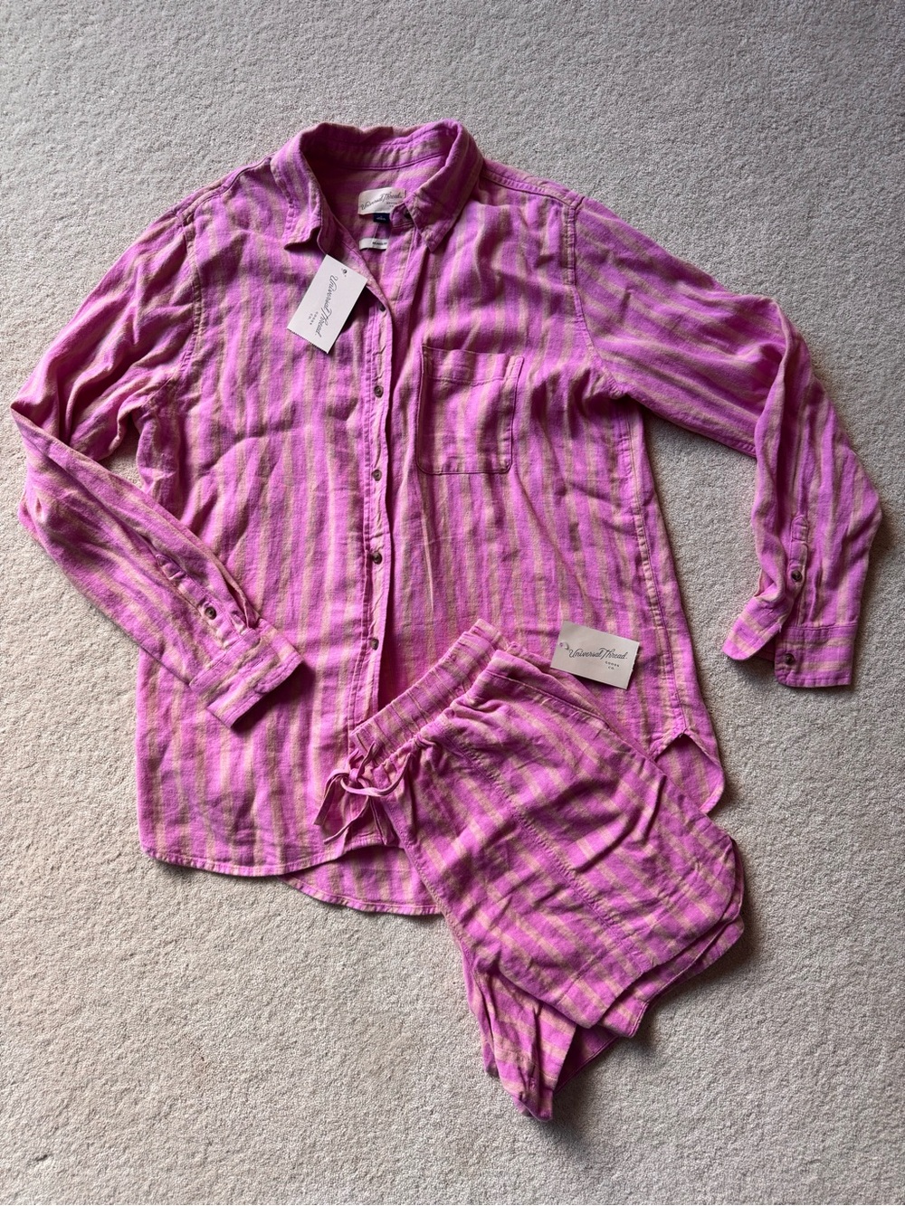 Universal Thread Linen Pink/Beige Stripe Button-Down Shirt + Short Matching Set